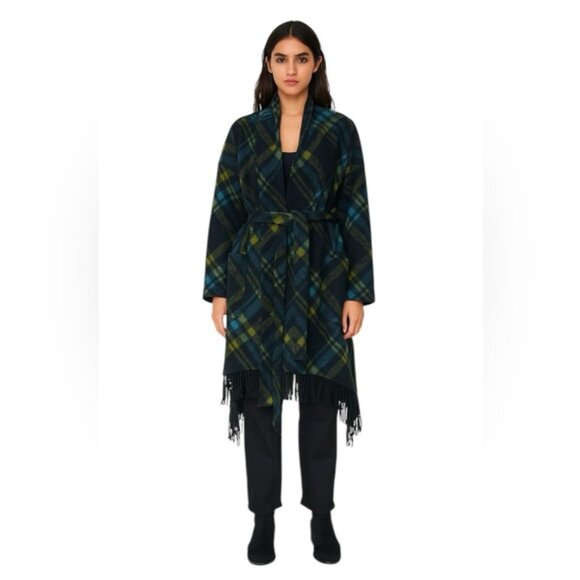 Samuel Dong Jackets & Blazers - Samuel Dong Wool Check Fringe Wrap Coat Shawl Pockets Tartan Poncho Oversized L
